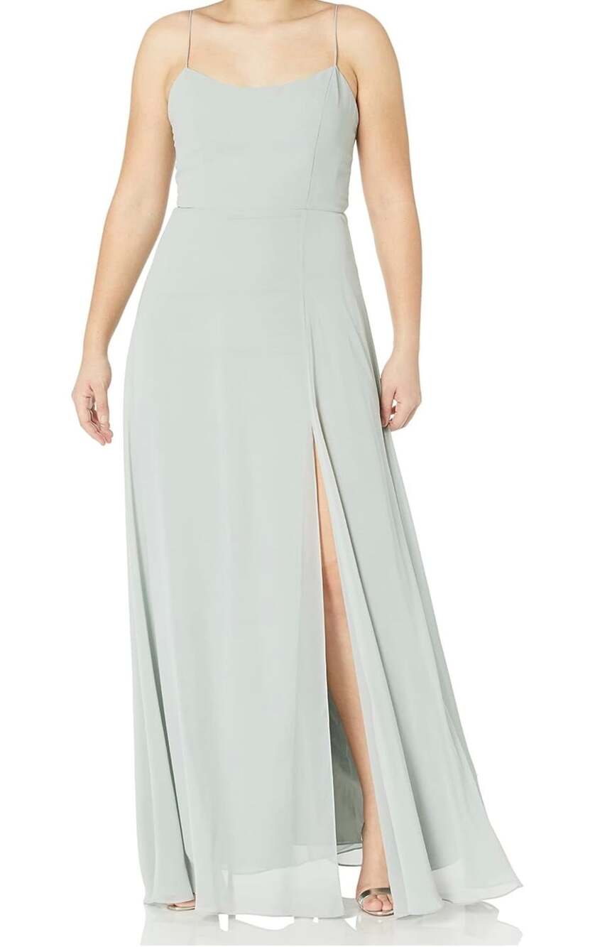 Jenny Yoo Women's Kiara Fit-Flare Tie Back Chiffon Gown Morning Mist Size 0
